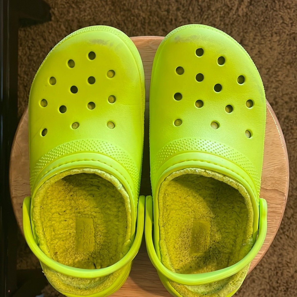 Lime green fuzzy crocs Worn size 9